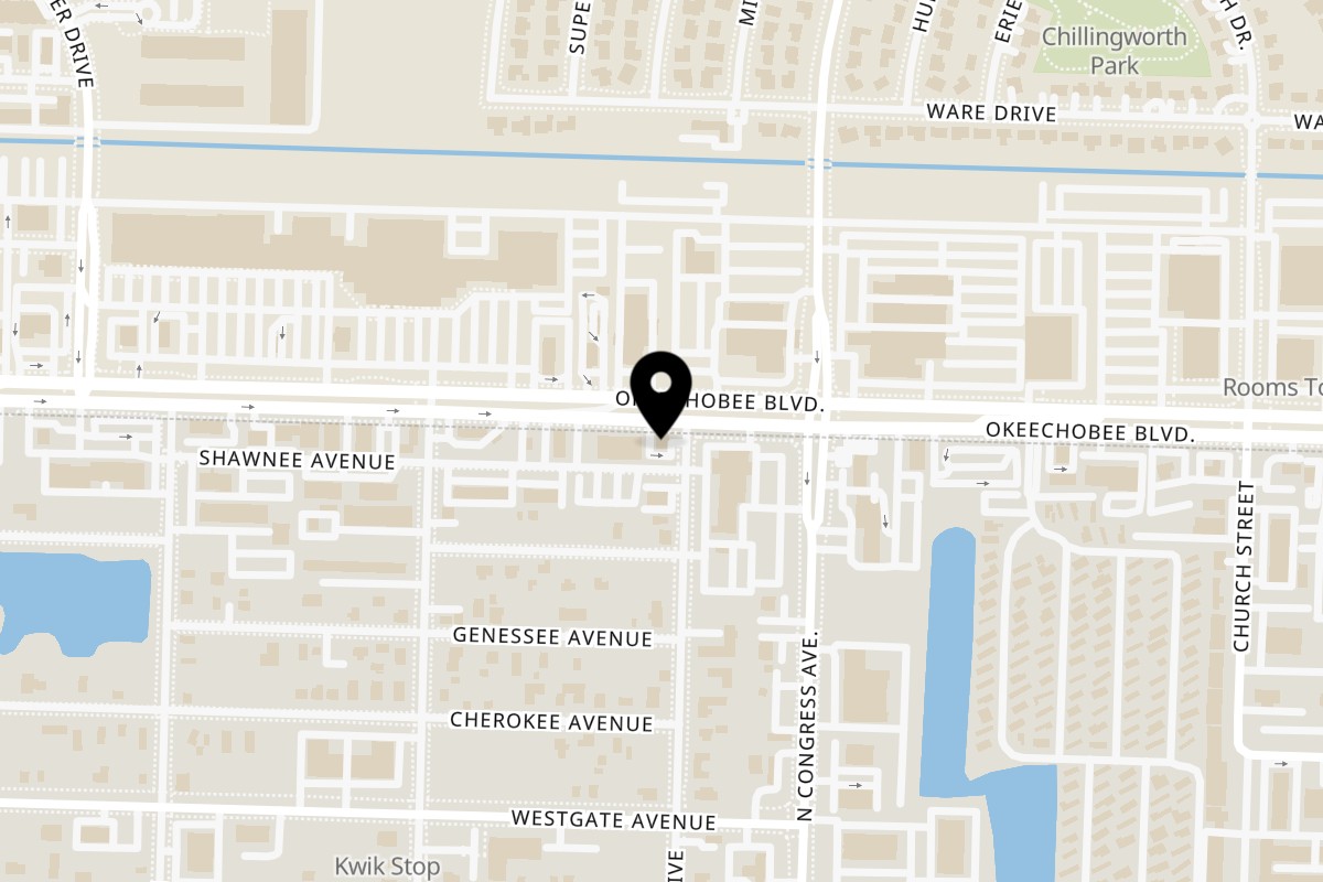 Map showing the location of Mr Mack's on 2400 Okeechobee Blvd in West Palm Beach